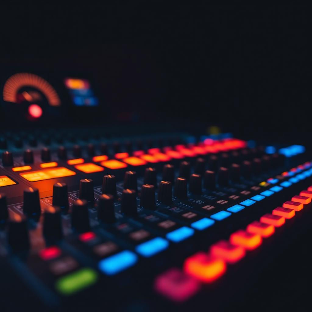 Mixing console faders glowing in the studio